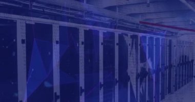 Animation of globe and purple light trails over computer servers. Global connections digital interface and technology concept digitally generated video.