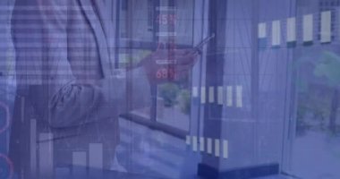 Animation of statistical data processing over caucasian businesswoman using smartphone at office. Business data and analytics technology concept