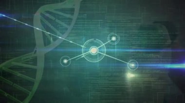Arka planda egzersiz yapan adamla DNA yapısının ve bilgisayar ağının birleşik videosu. İletişim, bağlantı, ağ oluşturma, kodlama, bilim, grafik, aktif yaşam tarzı, fitness.