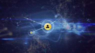 Animation of network of digital icons over digital waves and light trails against blue background. Global networking and business technology concept