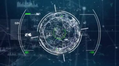 Animation of hud, connecting dots, globe with data processing on digital interface. Digital composite, multiple exposure, global business, technology, connection, networking.
