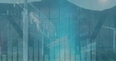 Animation of statistical data processing over spinning windmills on grassland. Renewable energy and business technology concept