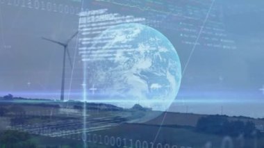 Animation of globe over pylons. Global environment technology research connections and digital interface concept digitally generated video.