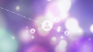 Animation of network of digital icons over spots of light against purple gradient background. Global networking and business technology concept