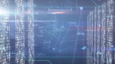 Animation of network of connections and data processing against screens with mosaic squares. Computer interface and business technology concept