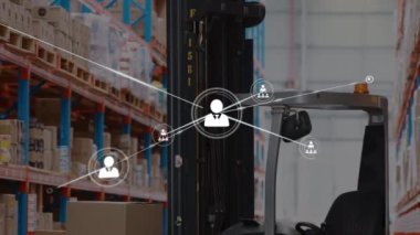 Animation of network of connections with icons over warehouse. Global shipping delivery and connections concept digitally generated video.