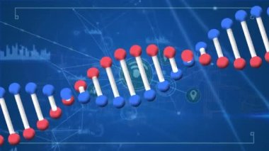 Animation of spinning dna structure and network of digital icons against spinning 3d city model. Medical research and business networking technology concept