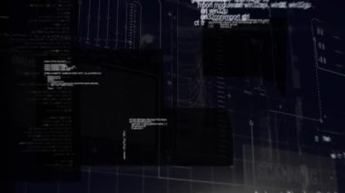 Rüzgar türbinleri üzerinde veri işleme animasyonu. Küresel bağlantılar teknolojisi ve dijital arayüz kavramı dijital olarak oluşturulmuş video.