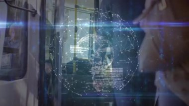 Animation of connecting dots sphere against multiracial commuters boarding train at station platform. Digital composite, multiple exposure, public transportation, connection, city life, travel.