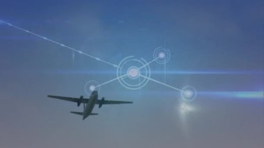 Animation of network of connections and light trails over plane flying in the sky. Global networking and aviation business technology concept