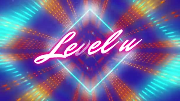 Animation Pink Level Text Moving Illuminated Colorful Square Shapes Hologram — Stockvideo