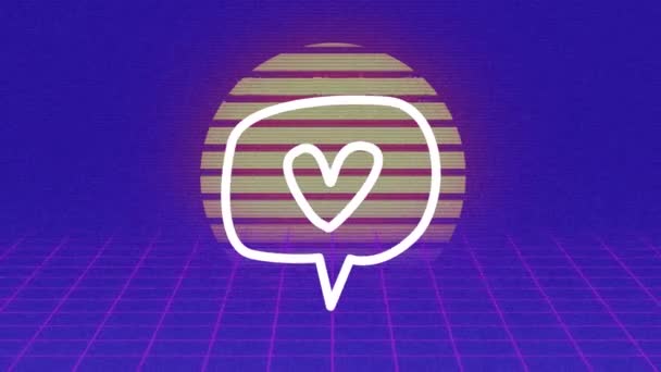 Animation Heart Speech Bubble Icon Rays Moving Grid Pattern Sun — Αρχείο Βίντεο