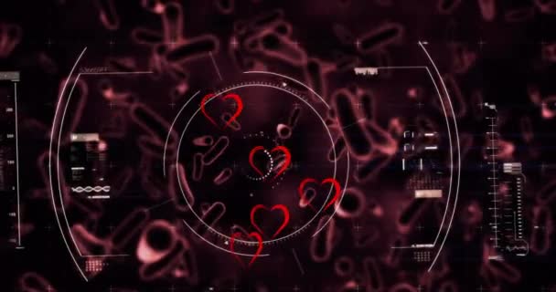 Animation Heart Icons Scope Scanning Virus Cells Black Background Covid — Wideo stockowe