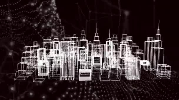 Animation of 3d model of buildings rotating around wave patterns and dots connecting with lines. Telecommunications, hologram, digitally generated, architecture, cityscape, illustration and abstract.