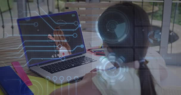 Animation Scanner Microprocessor Connections Girl Having Video Call Laptop School — стоковое видео