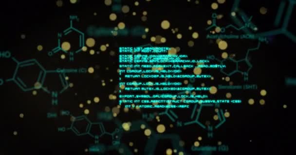 Animation Yellow Spots Floating Chemical Structures Data Processing Black Background — Stockvideo