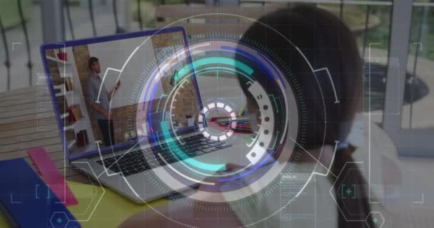Animation Scanner Data Processing Rear View Girl Having Video Call — Vídeo de stock