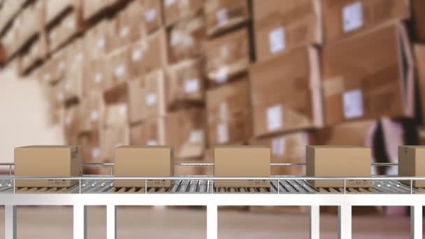 Animation Boxes Conveyor Belt Warehouse Global Shipping Retail Digital Interface — 图库视频影像