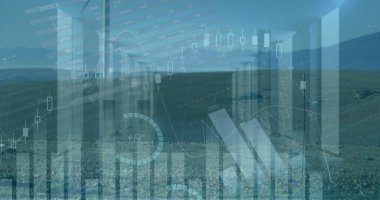 Image of statistics and data processing over wind turbine on wearing empty office. Business digital interface and data processing concept digitally generated image.