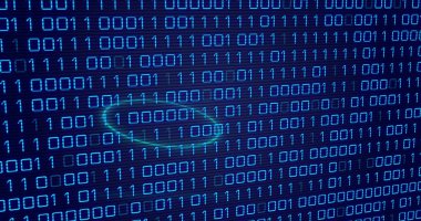 Image of neon circles over digital screen with binary code. Global computers, network, data and technology concept digitally generated image.