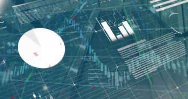 Digital image of various charts moving over grid pattern and programming language. Hologram, digitally generated, multiple exposure. Business, progress, coding, data and technology concept.