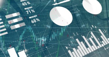 Digital image of various charts moving over grid pattern and programming language. Hologram, digitally generated, multiple exposure. Business, progress, coding, data and technology concept.