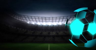 Image of digital football over stadium. Global sport, technology and digital interface concept digitally generated image.