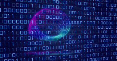 Image of neon circles over digital screen with binary code. Global computers, network, data and technology concept digitally generated image.