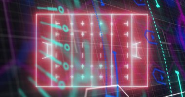 Image of 3d neon soccer field with plus, minus signs over hud processing on digital interface. Digital composite, creativity, sports, playground, soccer, art culture and entertainment, development