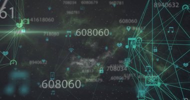 Image of data processing over netwrok of connections with icons on black background. Global technology, connections and digital interface concept digitally generated image.
