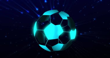 Image of digital football over blue spots on black background. Global sport, technology and digital interface concept digitally generated image.