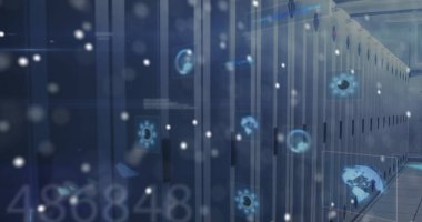 Illustration of various signs and globe icons in corridor, copy space. Vector, futuristic, technology, modern, virtual, pattern, innovation, digital composite, multiple exposure.