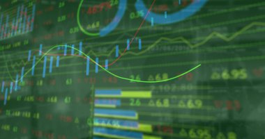 Image of financial data processing with graph on green background. Global business, finances and digital interface concept digitally generated image.