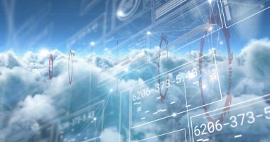 Image of communication network and scanner processing data over blue cloudy sky. Global communication, research, digital interface and data concept digitally generated image.