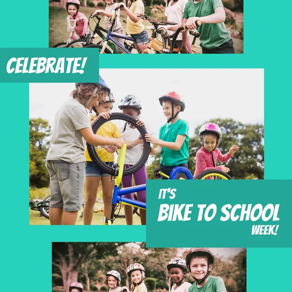 Digital Image Multiracial Children Bicycles Celebrate Bike School Week Text — Foto de Stock