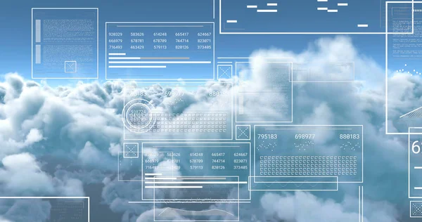 Image of interface with processing data over blue cloudy sky. Global communication, research, digital interface and data concept digitally generated image.