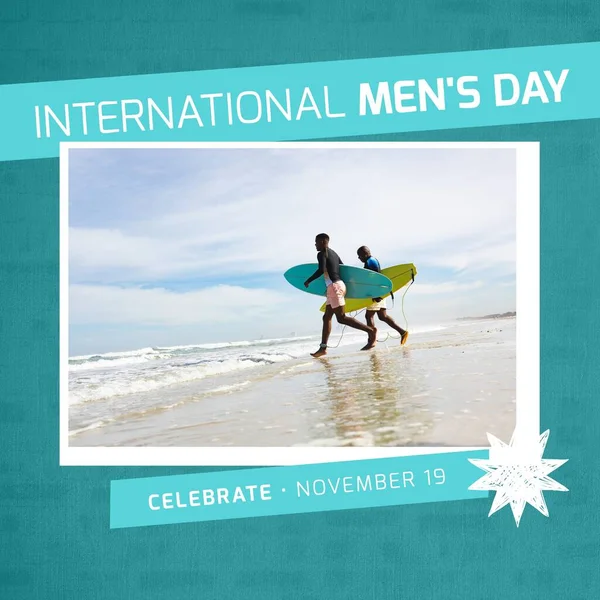 African american men with surfboards running towards sea, international men\'s day text in frame. Copy space, digital composite, enjoyment, celebration, awareness, holiday, recognizing contributions.
