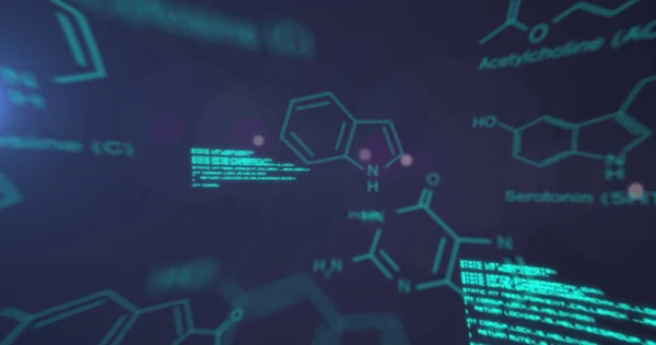Image of chemical structures and data processing against blue background. Medical research and science technology concept