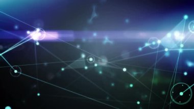 Animation of glowing network of connections and light trails against blue background. Global networking and business technology concept