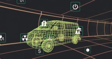 Animation of icons processing status data over animation animation of animation on black. Digital template design concept.