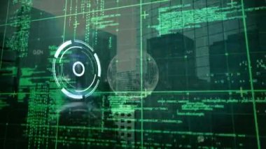 Animation of moving clock over data processing on black background. Global business digital interface technology and networking concept digitally generated video.