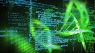 Animation of data processing and green dna structures spinning against black background. Medical research and science technology concept