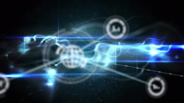Animation of networks of connections with icons over black background. Global connections technology and data processing concept digitally generated.