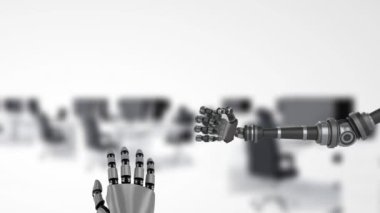 Animation of robotic hands moving over empty office. Global sport, computing and digital interface concept digitally generated video.