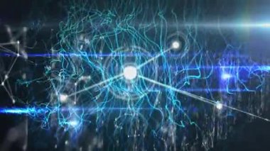 Animation of network of connections and data processing over blue background. Global digital interface technology and networking concept digitally generated video.