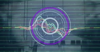 Animation of round scanner and financial data processing over time-lapse of people walking at office. Global finance and business technology concept
