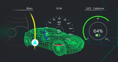 Animation of car panel over car drawing rotating on black background. Global car industry engineering connections and technology concept digitally generated video.