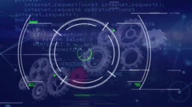 Animation of scope scanning and data processing over empty office. Global digital interface technology and networking concept digitally generated video.