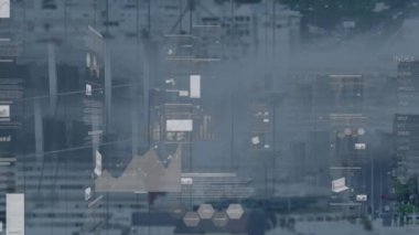 Animation of statistics and data processing over cityscape. Business data processing connection technology and digital interface concept digitally generated video.
