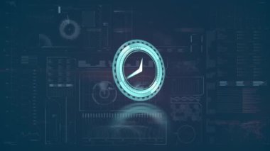 Animation of clock moving fast and data processing on screen. Global connections data processing and digital interface concept digitally generated video.